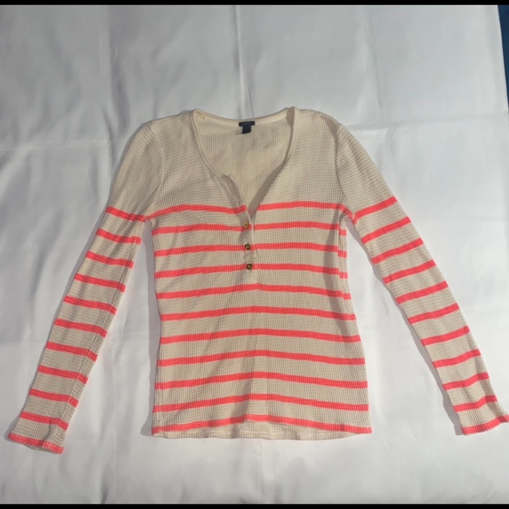 J. Crew Waffle Knit Cream & Pink Long Sleeve Striped Henley Shirt